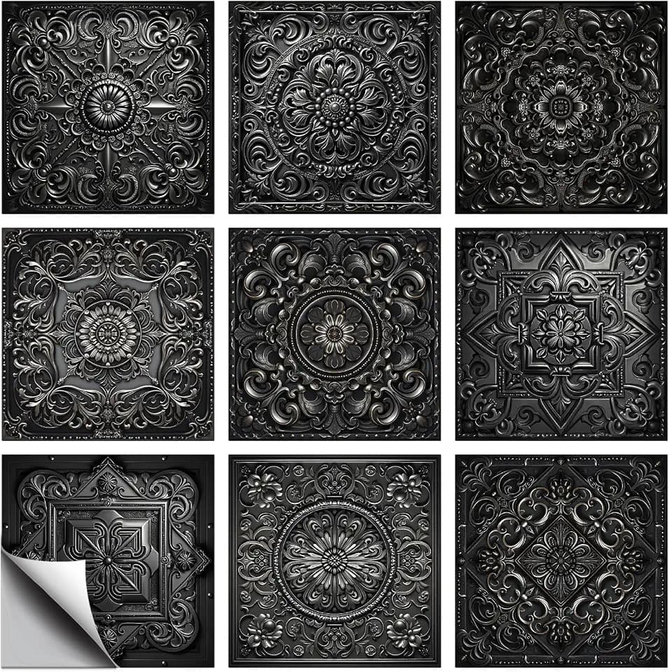 36 Pcs 9 Style Wall Stickers Black Relief Pattern Peel and Stick Wall Tile Sticker Rococo Pattern Waterproof Self Adhesive Stick on Tile Decals for Kitchen Bathroom Art Decor, 4×4 Inch