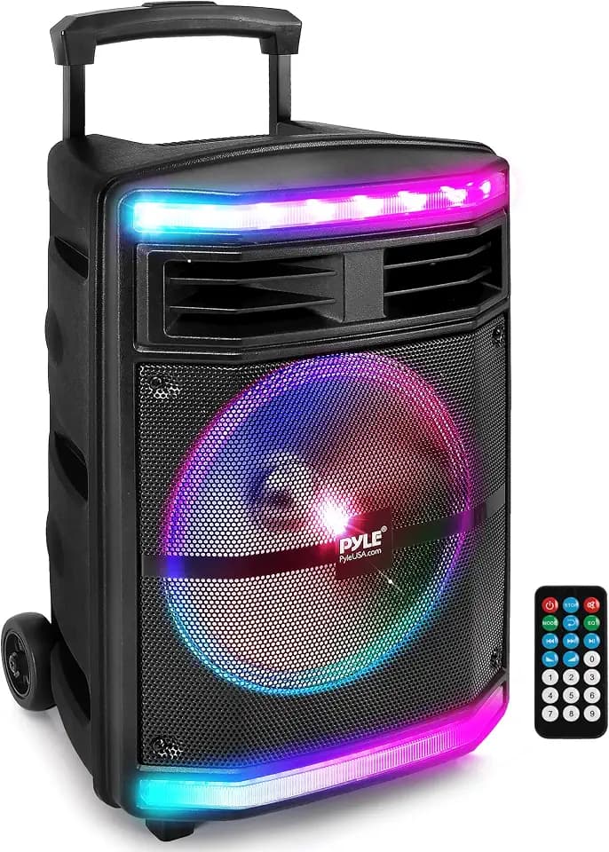 Pyle Partybox, 600W Bluetooth Lautsprecher Groß, Tragbare Musikbox mit Griff & Rollen, 10" Subwoofer & Akku, Karaoke Box mit LED Lichtern, USB/SD/MP3, für Party, Outdoor, Events & DJ