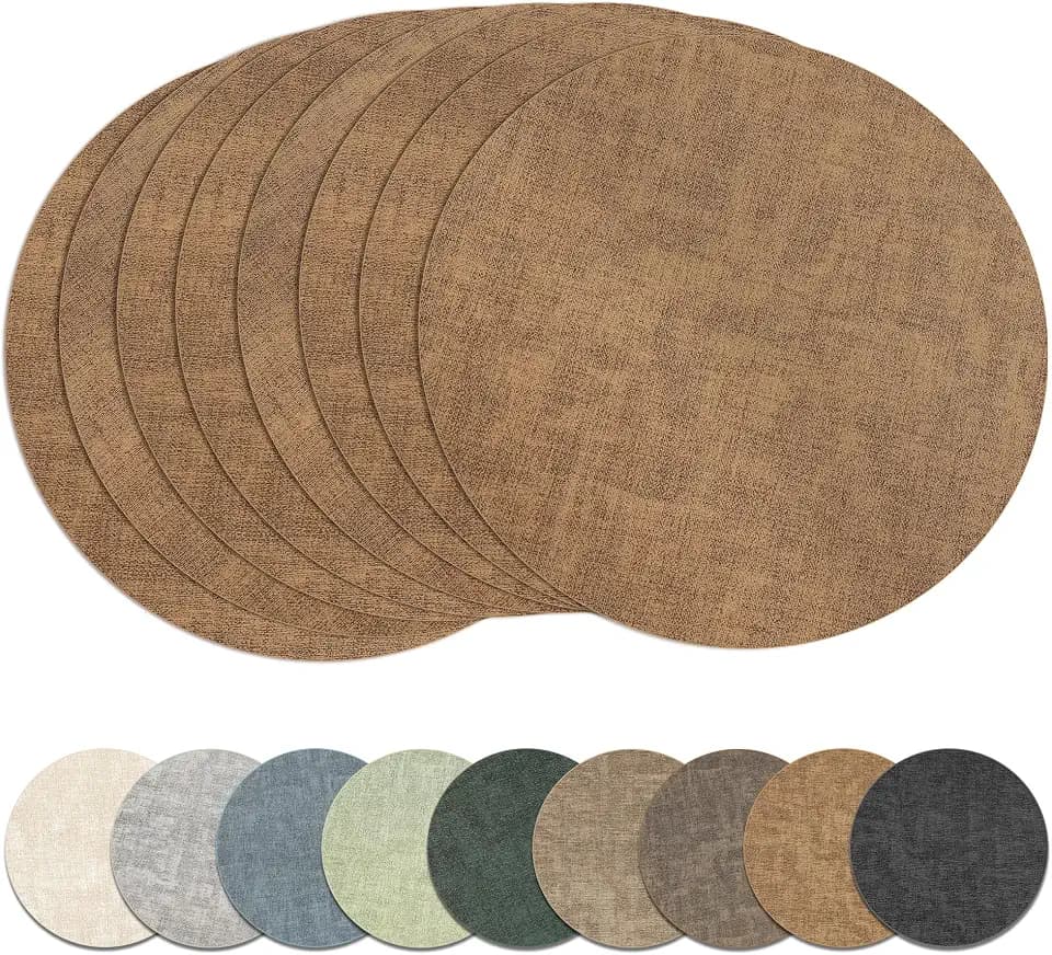 13" Round Placemats Set of 8, Reversible Faux Leather Wipeable Table Mats