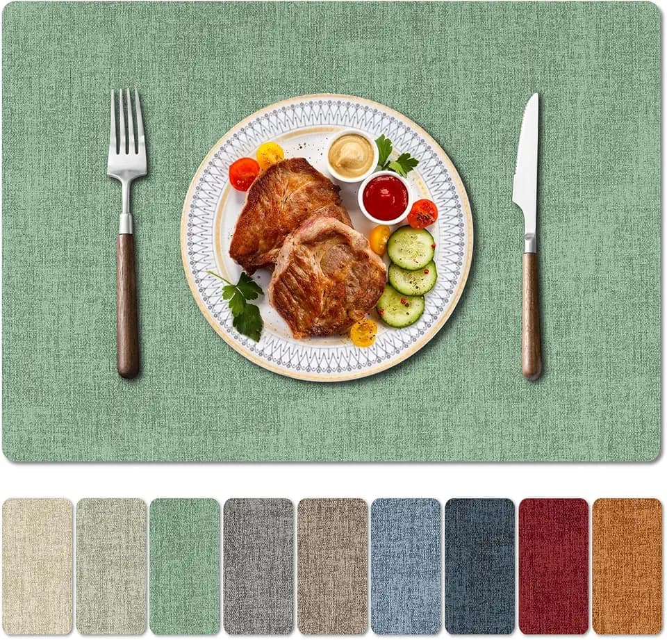 Faux Leather Heat Resistant Christmas Placemats Set of 6 – Waterproof Oilproof Wipeable Dining PU Vinyl Place Mat Easy Clean Table Mats for Kitchen/Dining/Party/Holiday, Dark Green