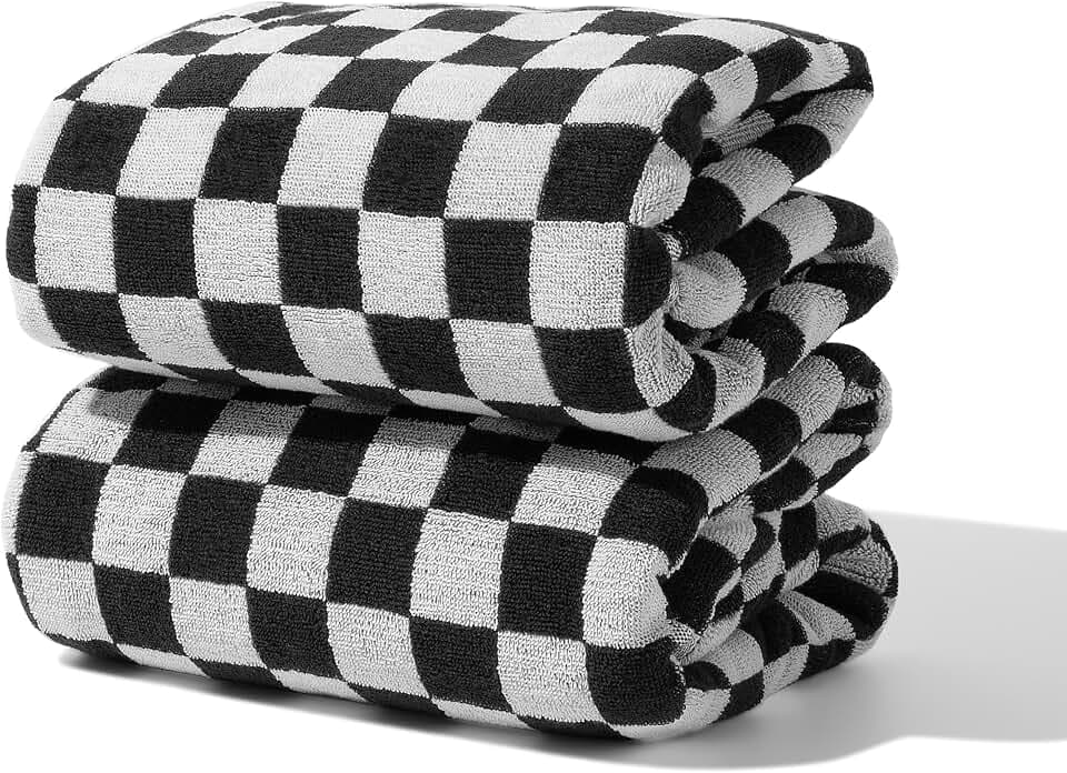 Indulge in Luxury with Checkered Bath Towels - 100% Cotton, Super Soft & Absorbent, Fade-Resistant, Cozy, and Perfect for Gifting (2 Towels) (Black)