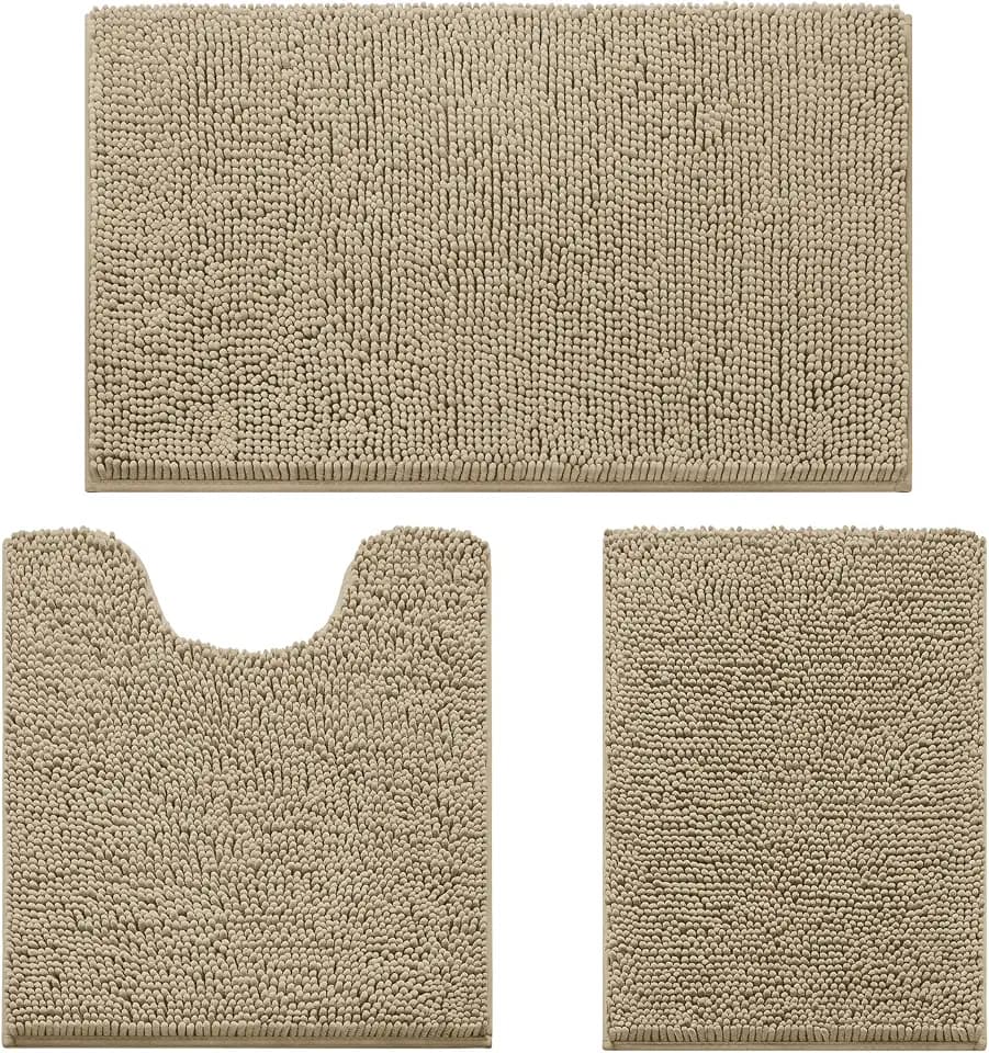 HOMEIDEAS Taupe Chenille Bathroom Rugs Set of 3, Non Slip Bath Mat