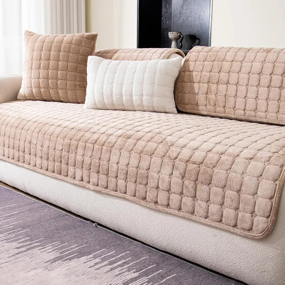 Velvet Sectional Couch Cover for 2-3 Seat, Khaki, 1PC, 35.4"x71"