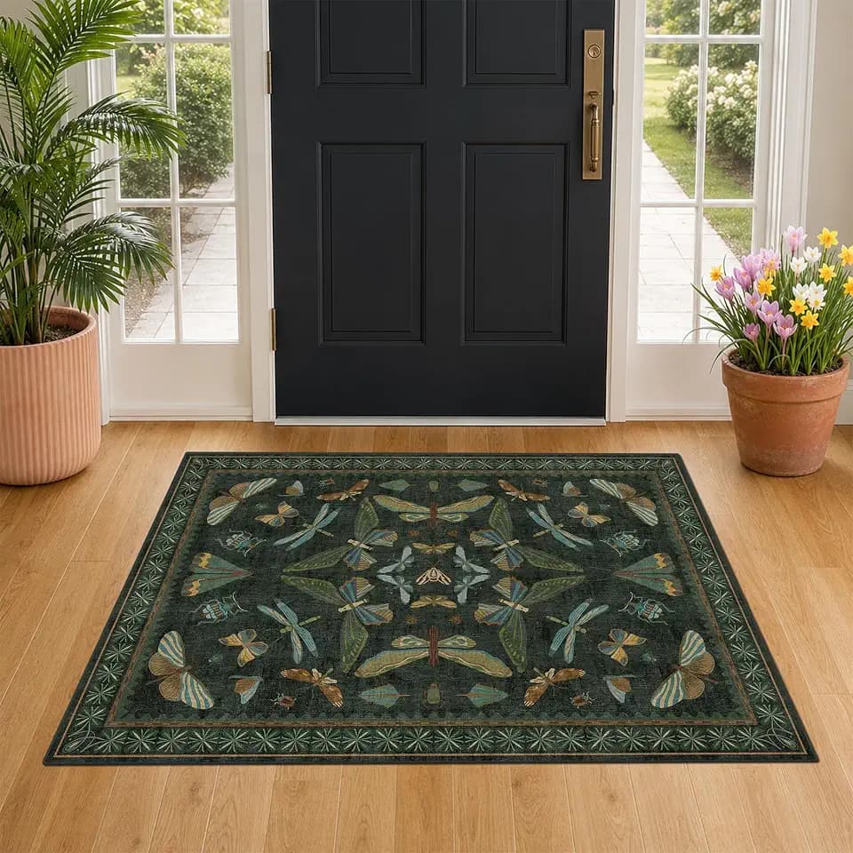 Washable 3x4 Rugs for Entryway, Small Area Rug for Large Kitchen, Mudroom, Dark Green and Black Insect Print, Non Slip Stain Resistant Low Pile Indoor Floor Carpet