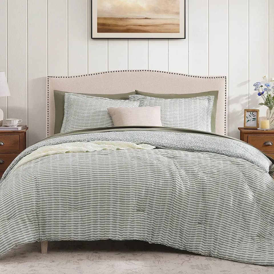 BLOOMHAVEN Queen Comforter Set-7 Pieces Green Plaid Floral Bedding Set