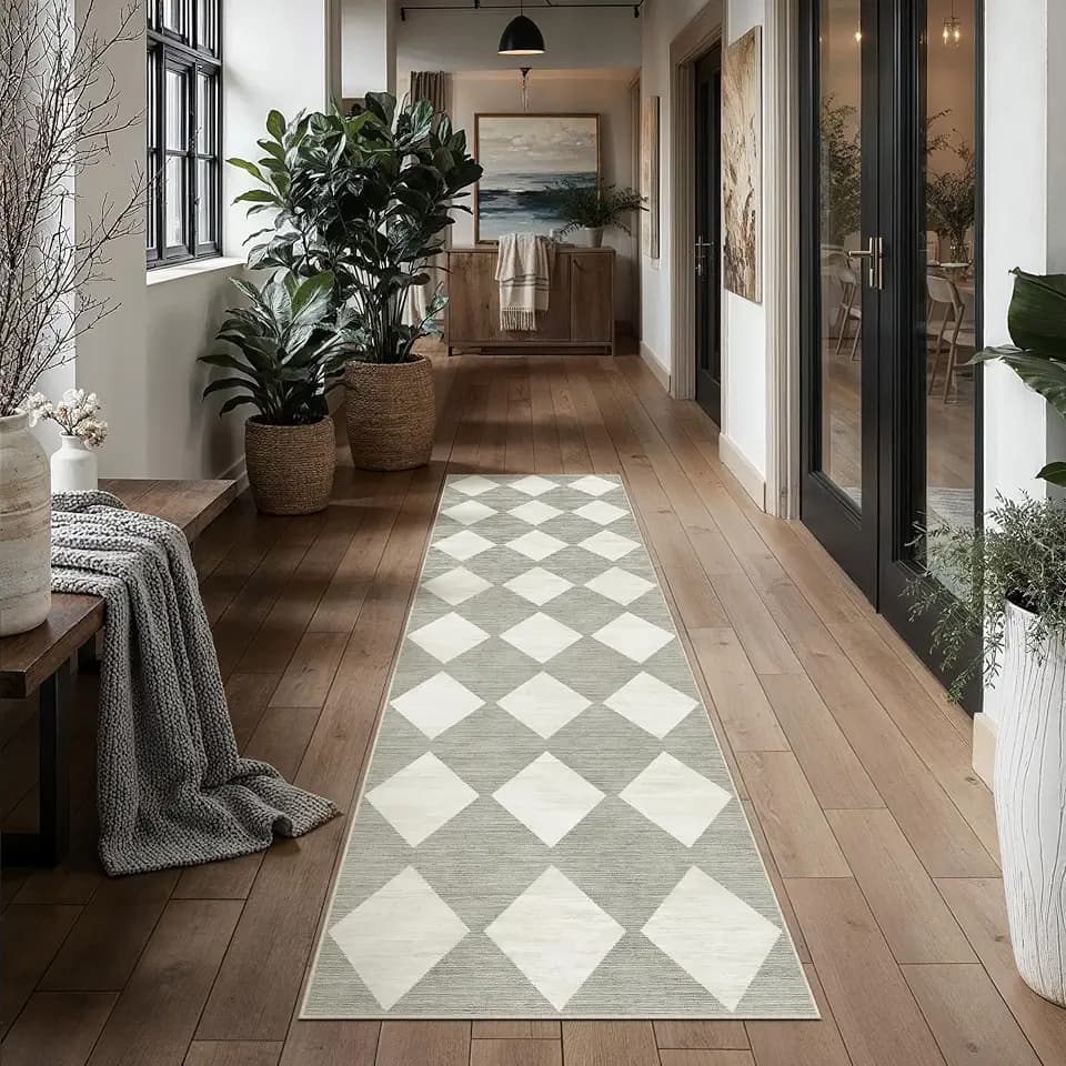 PureCozy Grey 3x8 Washable Runner Rug Kitchen Non Slip Checkered Carpet