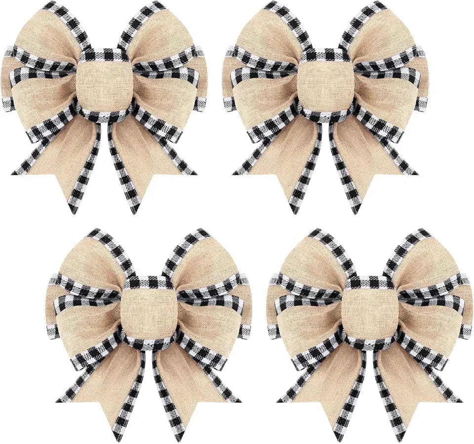 Geosar 4 Pcs Buffalo Plaid Burlap Bows 6 Inch,Black and White,Classic