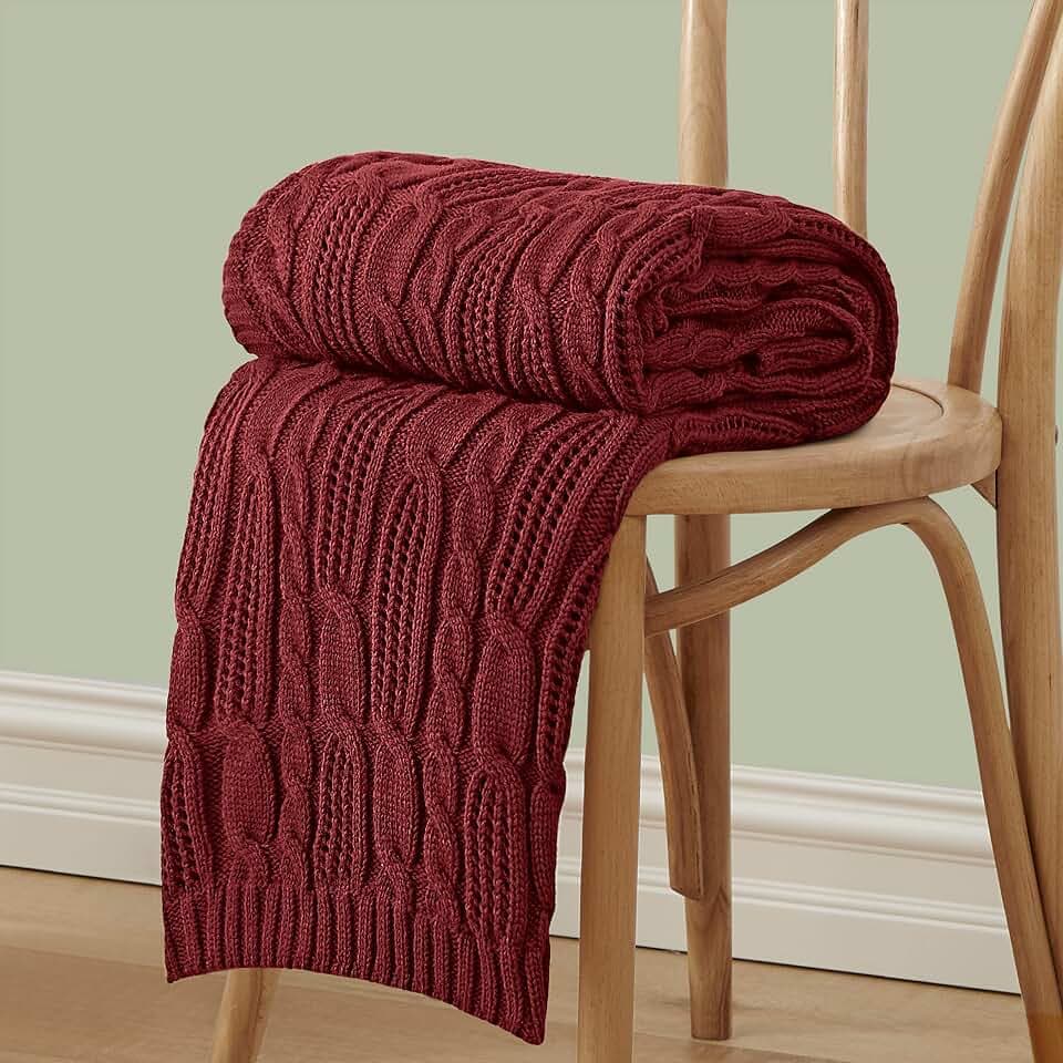 Aormenzy Cable Knit Throw Blankets 50 x 60 Inches, Soft Cozy and Lightweight Knitted Blanket, Machine Washable Acrylic Blanket, Decorative Throw Blanket for Couch Sofa Bed, Dark Red