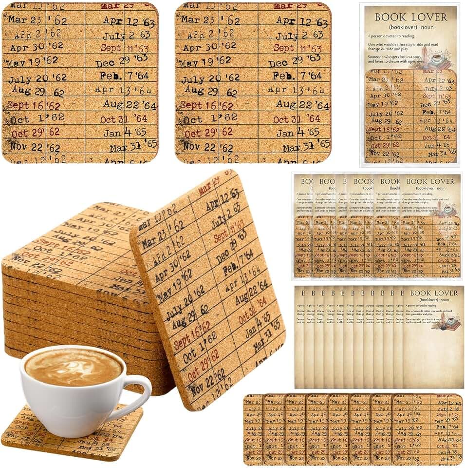 Hushee 6 Sets Library Due Date Coasters Vintage Book Card Theme,Square