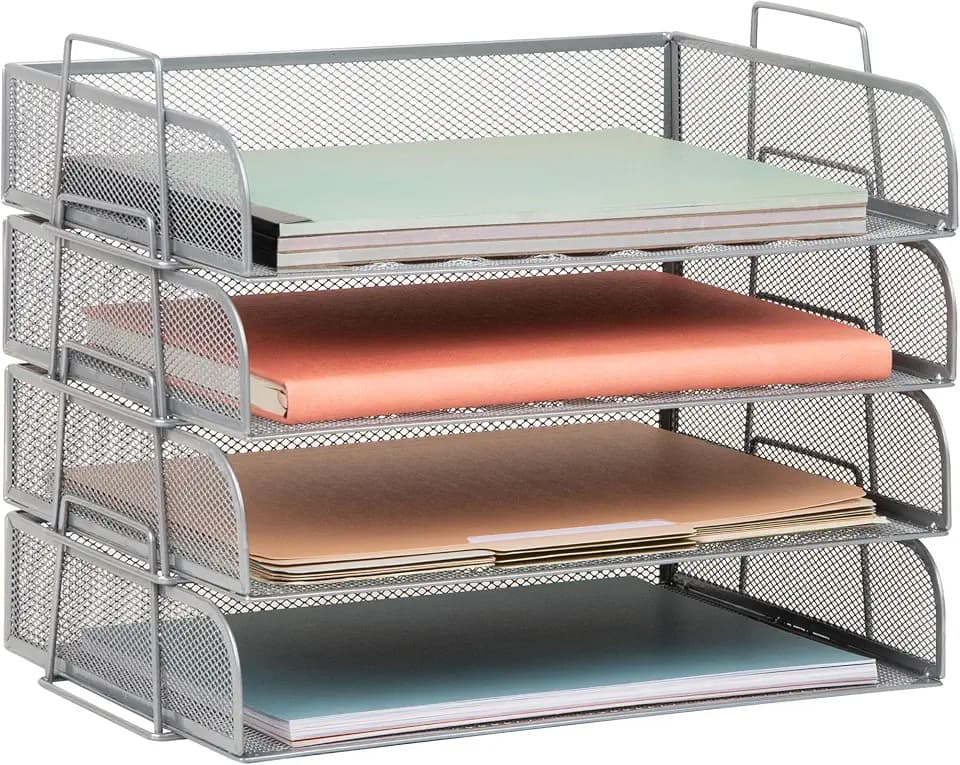 Mind Reader Stackable Paper Tray, Desktop Organizer, File Storage, Office, Metal Mesh, 4 Pcs., Silver