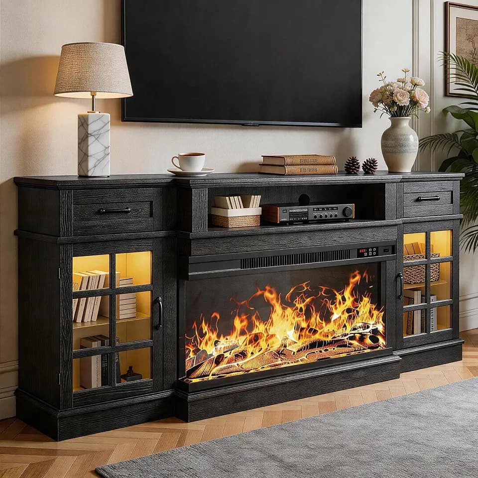 MXV 70" Fireplace TV Stand, 3-Sided Glass Fireplace and Modern Entertainment Center, Wooden Media Console with Glass Doors & Storage Drawers, LED Light, for Living Room, Black