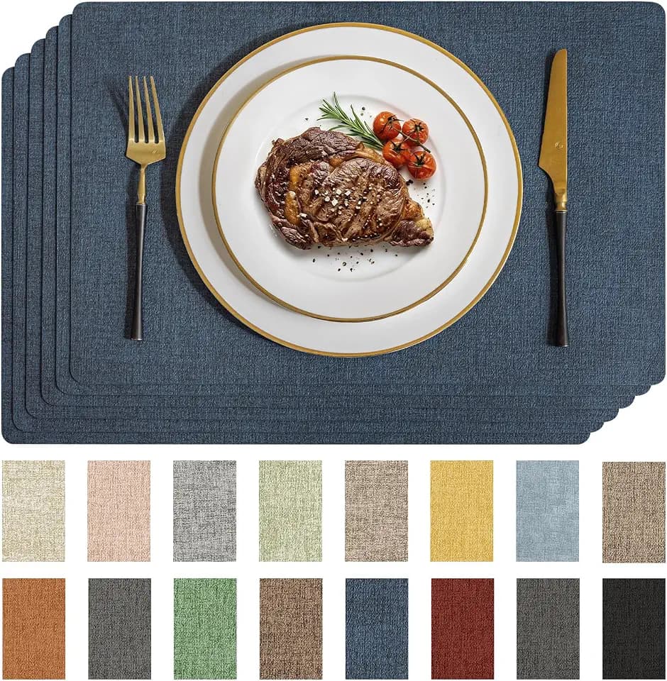 Romanstile Faux Leather Vinyl Placemats Set of 6, Navy Blue