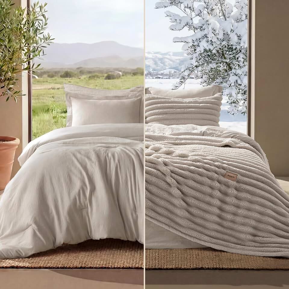 Bedsure 2-in-1 Comforter Set with Detachable Fleece Blanket, Beige King