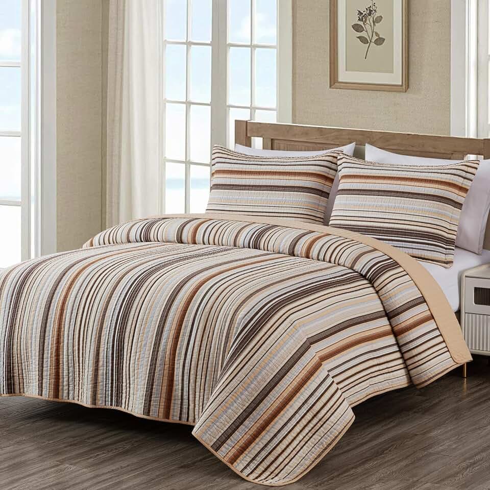 Chezmoi Collection Avery Striped Cotton Quilt Set King Size, 3-Piece Soft Pre-Washed 100% Cotton Quilt, Multi-Color Brown
