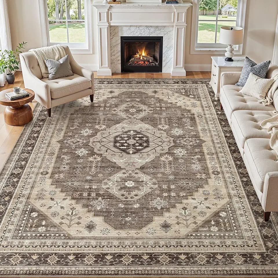 Washable 8x10 Area Rugs for Living Room: Soft Vintage Brown Rug