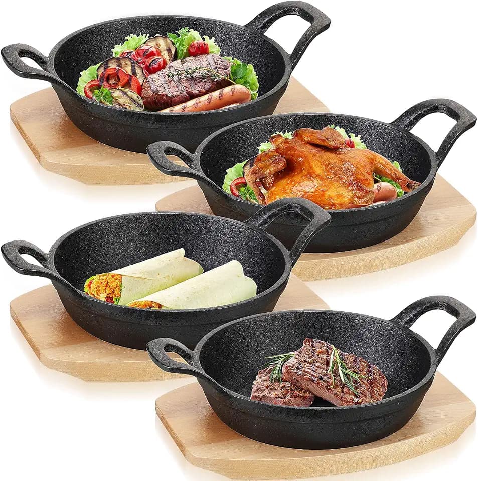 Sliner 4 Sets Mini Cast Iron Skillet with Wood Base Round, 7.1 Inches