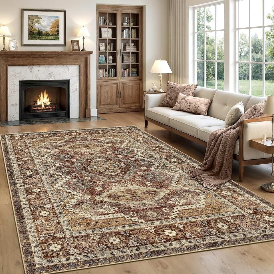 Rugland 8x10 Area Rugs for Living Room, Vintage Washable Area Rug, Rust