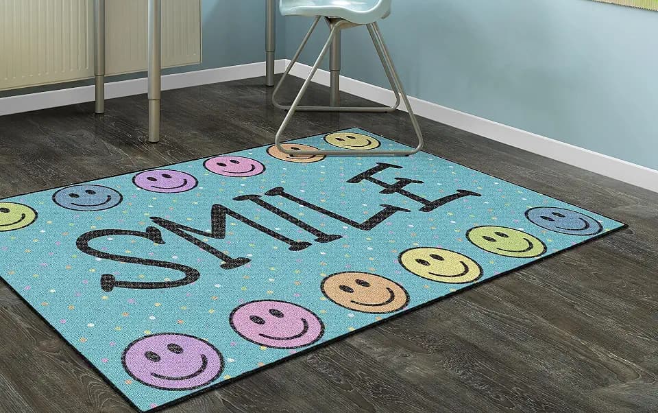 Flagship Carpets Smile Machine Washable Educational Accent Rug for Kids Room Décor, Children's Classroom Welcome Mat, Play Carpet for Teaching and Playroom, 3'x5', Blue & Multi Color