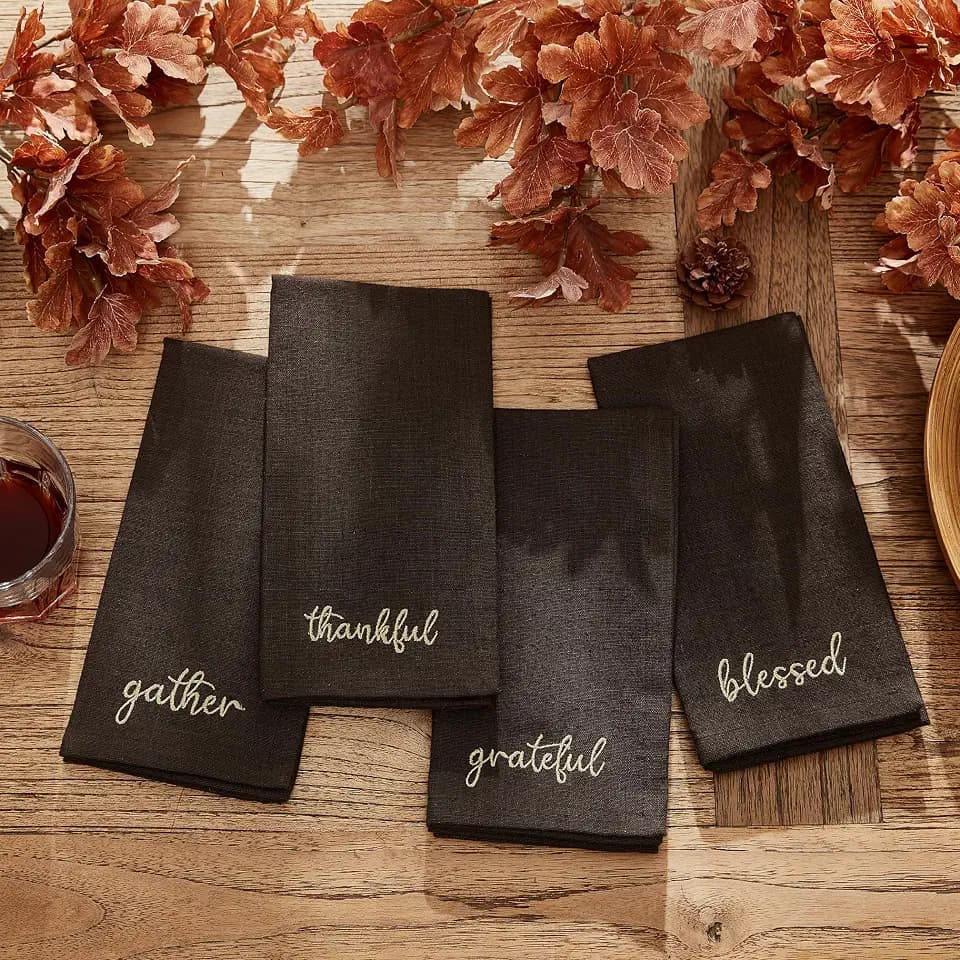Threadmade Harvest Sentiment Embroidered Napkins, Set of 4, Brown - 17" W x 17" L