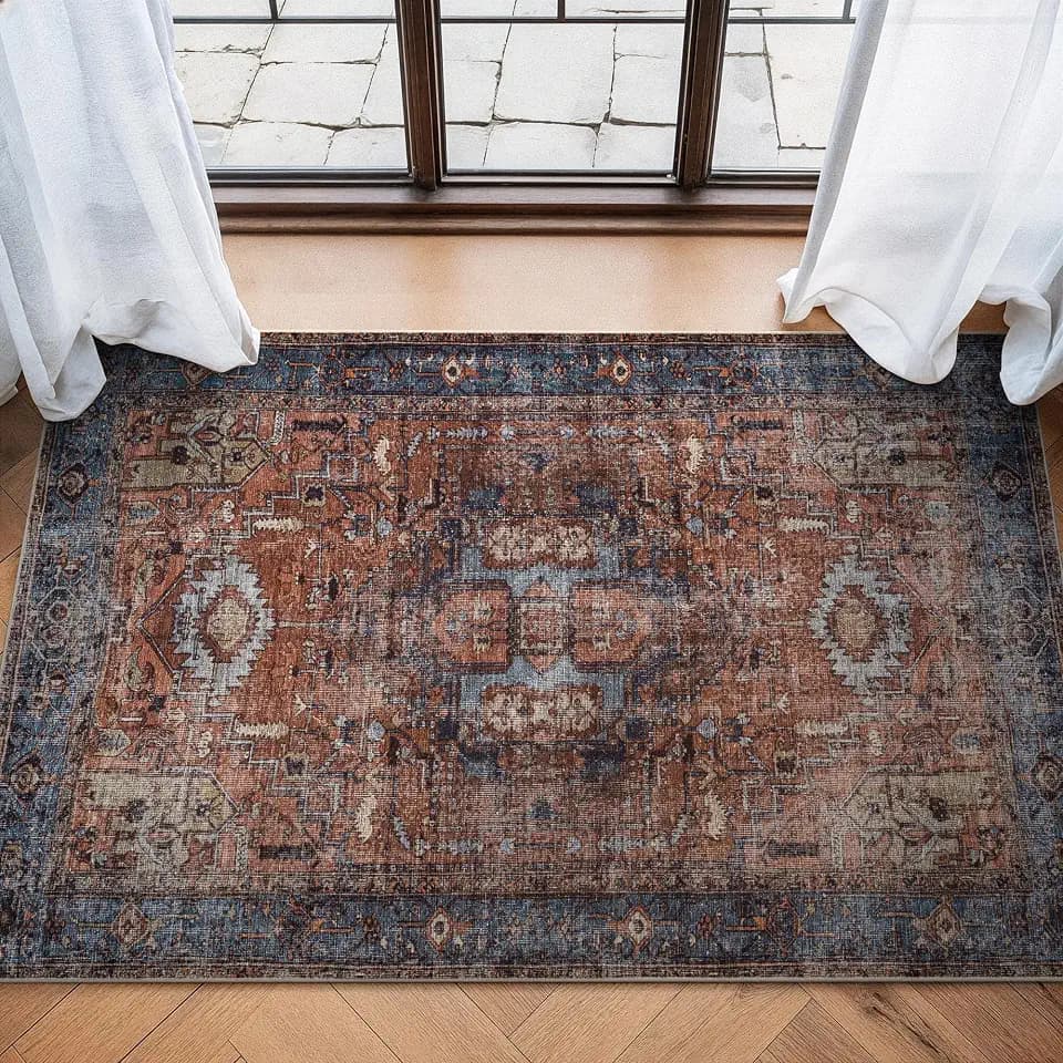 Bloom Rugs Washable 3' x 5' Rug - Terracotta/Blue Traditional Area Rug for Living Room, Bedroom, Dining Room, and Kitchen - Exact Size: 3' x 5'
