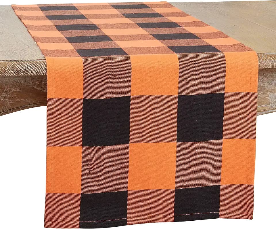 SARO LIFESTYLE Harvest Collection Buffalo Plaid Table Runner, 16"x120", Orange/Black
