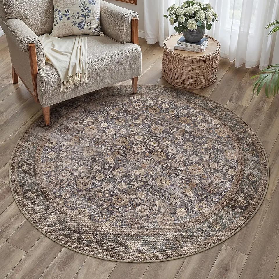 HUGEAR 4ft Round Brown Blue Vintage Floral Washable Rug for Living Room