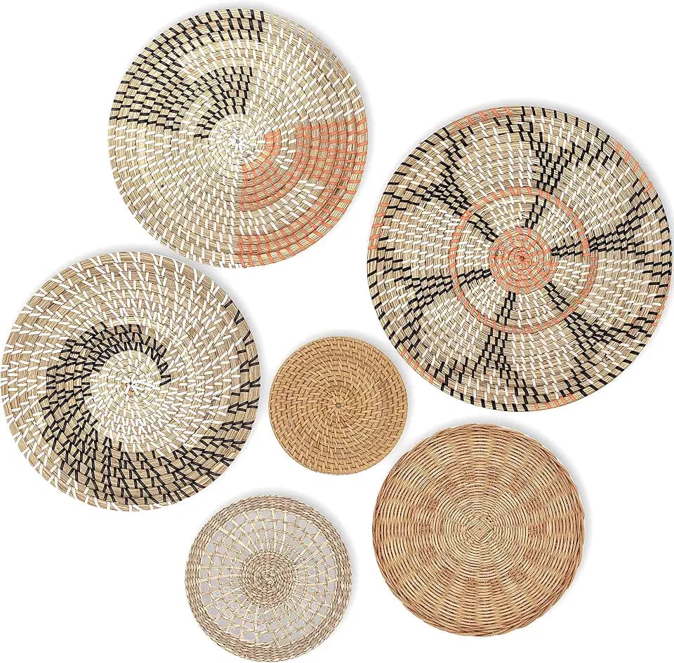 KushimHome Hanging Wall Basket Set - Large Boho Wicker Basket Decor - Bamboo Woven Seagrass Wall Decor - African Flat