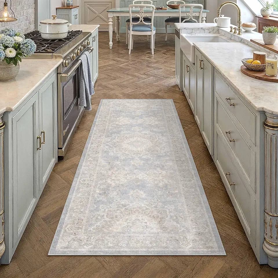 PureCozy 2x6 Washable Runner Rug Blue Vintage Oriental Medallion