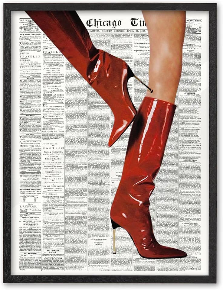 EcoHest 12x16 in Red Boots Newspaper Framed Wall Art