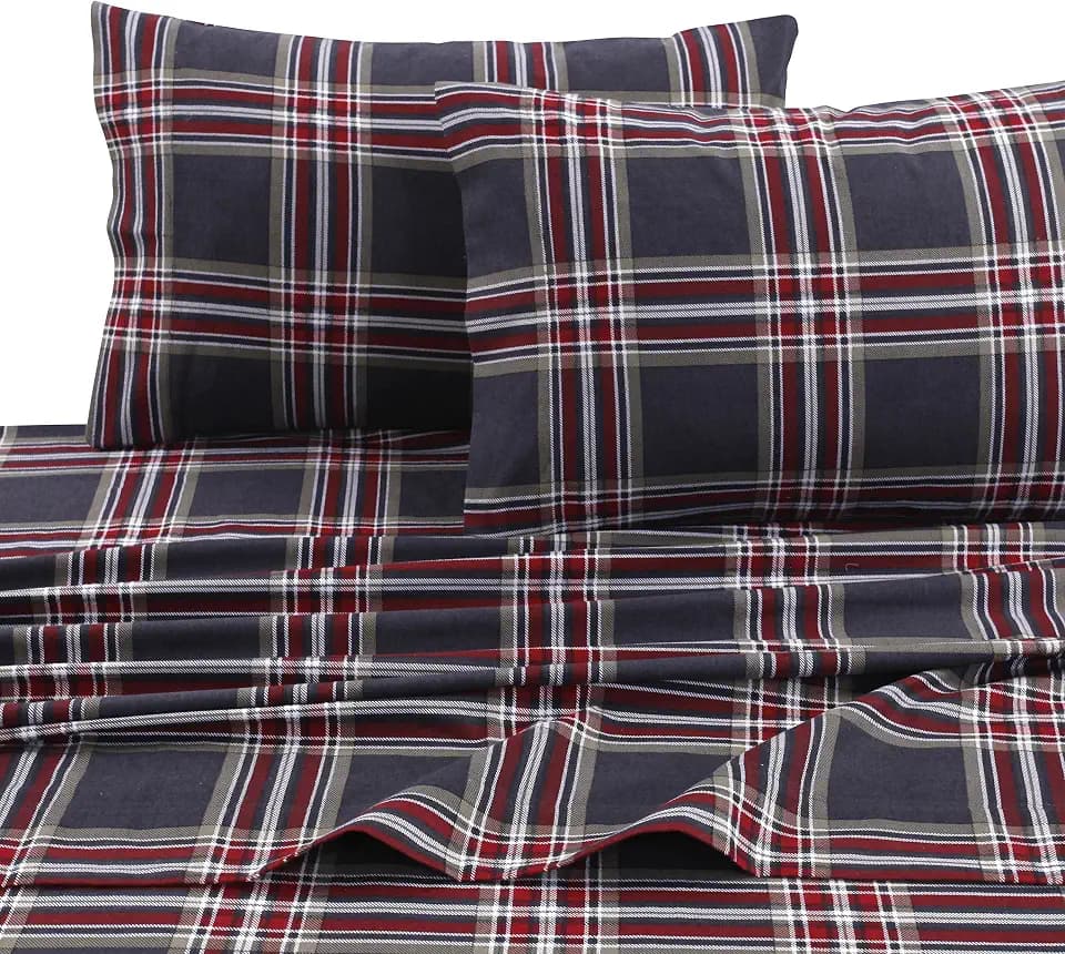 Tribeca Living Queen Cotton Flannel Deep Pocket Sheet Set, Heritage Plaid