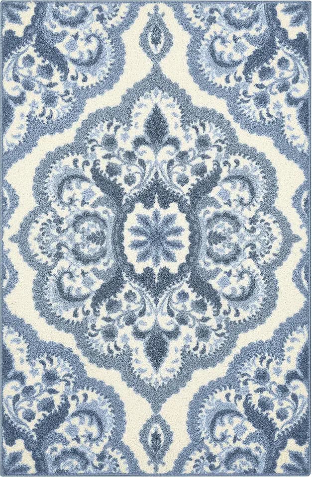 Maples Rugs Vivian Medallion Area Rug – Made in USA – Washable, Non-Slip Indoor Carpet for Kitchen, Entryway, and Living Room, 2'6 x 3'10, Blue/White