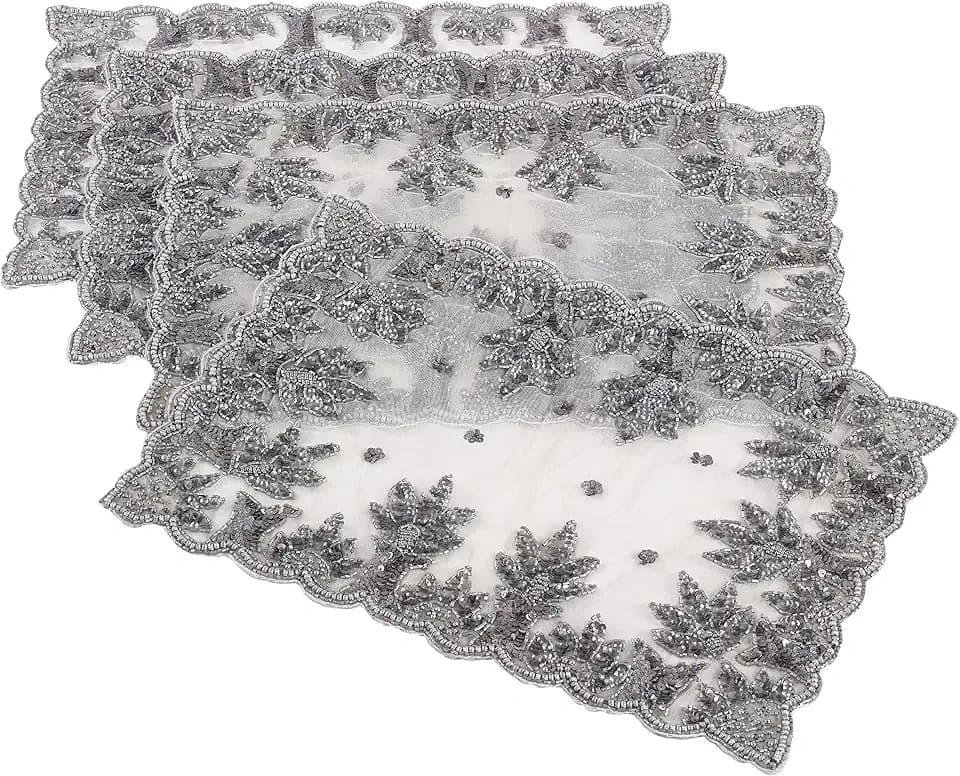 Saro LifeStyle NTB01.PW1319B Hand Beaded Design Placemat, Pewter, 13"x19" (Set of 4 pcs)