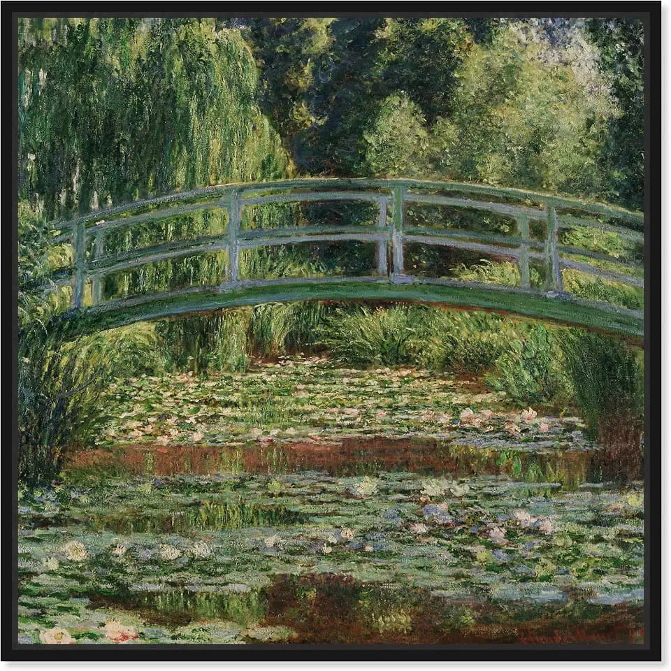 Art Remedy Monet - The Japanese Footbridge And The Water Lily Pool Giverny Framed Impressionism 1 Piece Canvas Wall Art/Monet And Van Gogh Inspired Art, 25" x 25", Black Frame