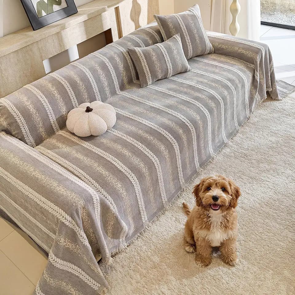 Couch Cover for Dogs Washable Sofa Cover, Sectional Couch Covers, Sofa Covers for 2 Cushion Couch, Non Slip Stripe Sofa Slipcovers Furniture Protector (Light Grey, 71 * 134)