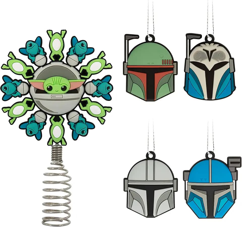 Hallmark Star Wars: The Mandalorian 5" Miniature Christmas Tree Topper and 1.7" Mini Ornaments, Set of 5 Shatterproof Ornaments, May The 4th