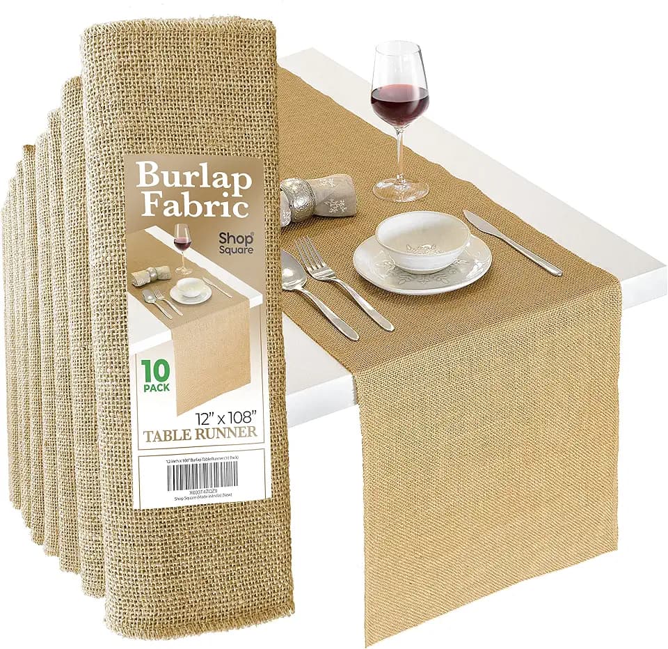 Burlap Table Runners, 12 x 108 Inch - 10 Pack Outdoor Jute Table Runners for Rustic Farmhouse Decor, Thanksgiving, Fall, Natural Color Edge
