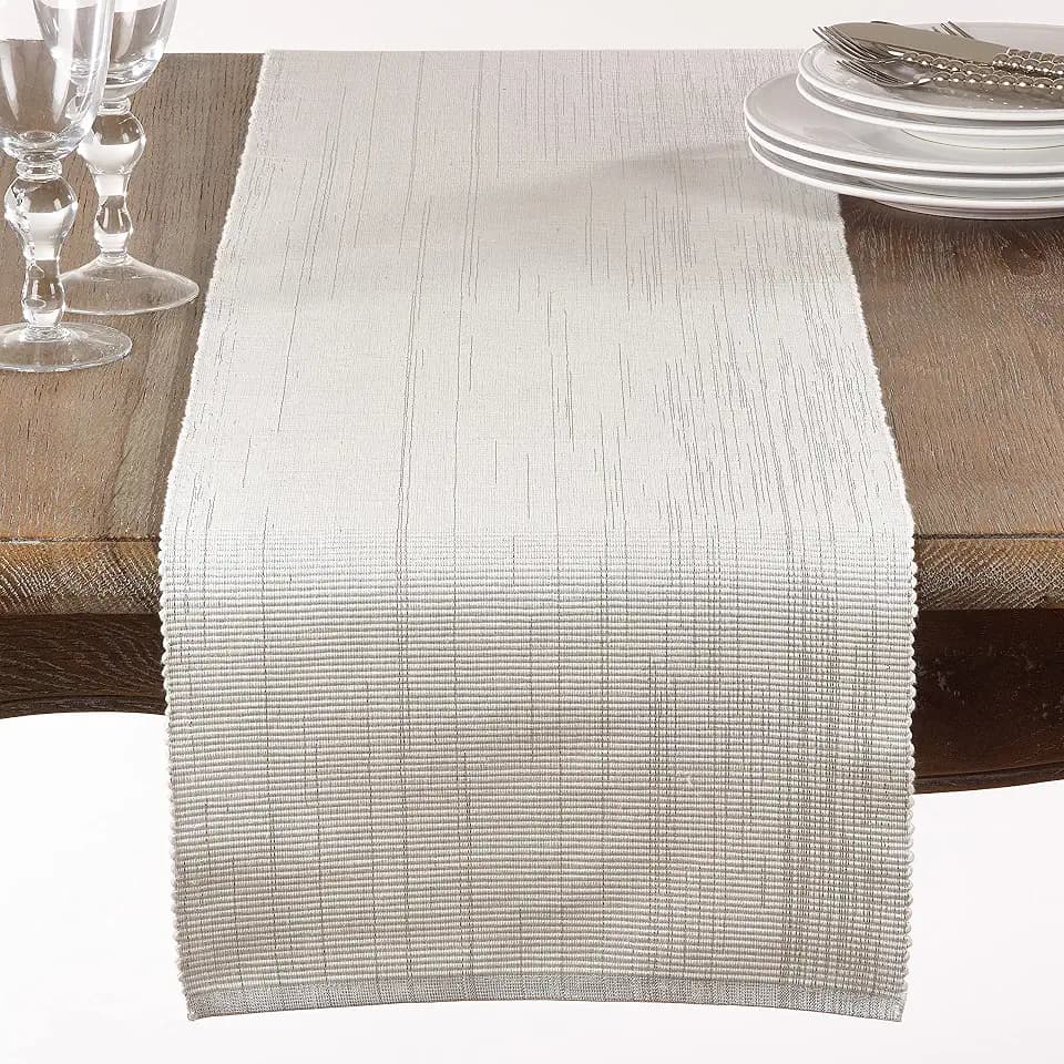 SARO LIFESTYLE Astrid Design Shimmering Design Ribbed Table Runner, White, 13"x108"