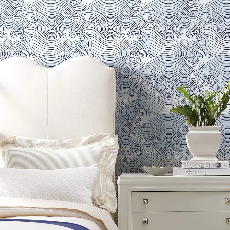 RoomMates Blue and White Asian Waves Peel and Stick Wallpaper