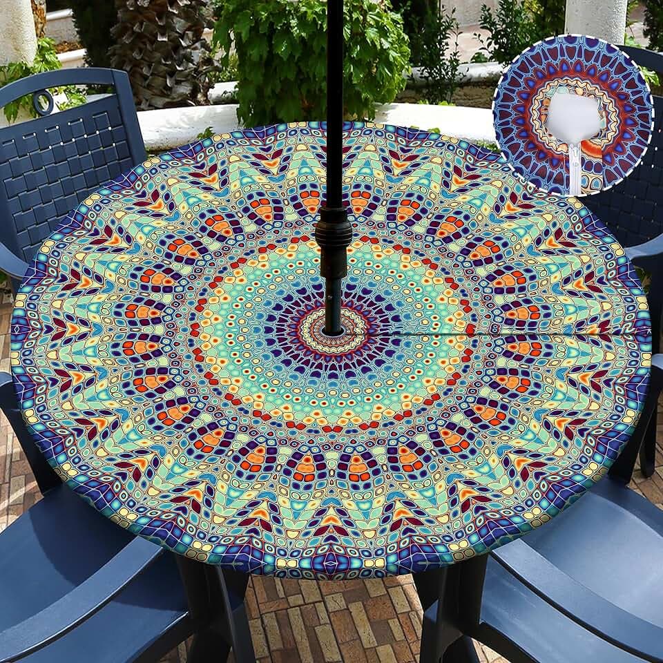 Buwuta Outdoor Tablecloth with Umbrella Hole Waterproof Round Fitted Tablecloth with Elastic Zippered Wipeable Table Cloth Round Cover for Picnic, Patio,Garden Fits to 40"-44" Patio Tables