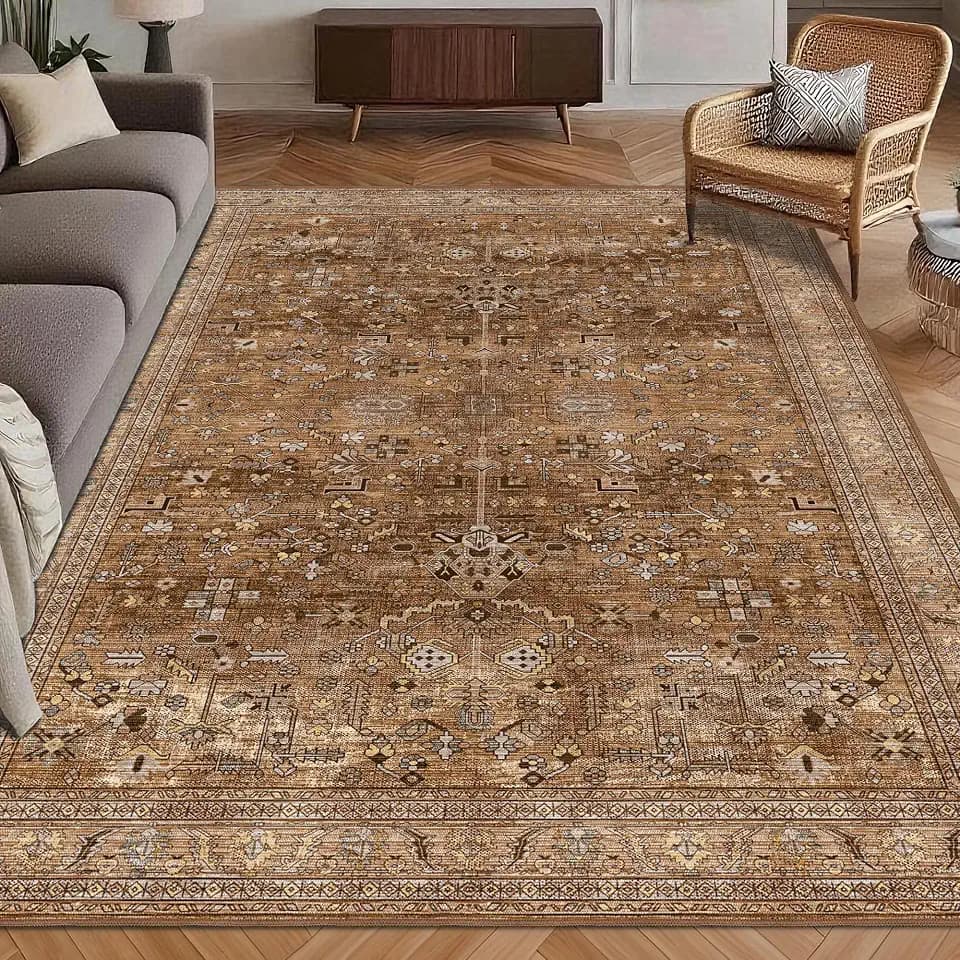 Washable Area Rug 3' x 5 ' Vintage Traditional Persian Mat - Foldable Distressed Non-Slip Machine Washable Carpet for Living Room Bedroom Kitchen Home Decor - Bronze and Ivory
