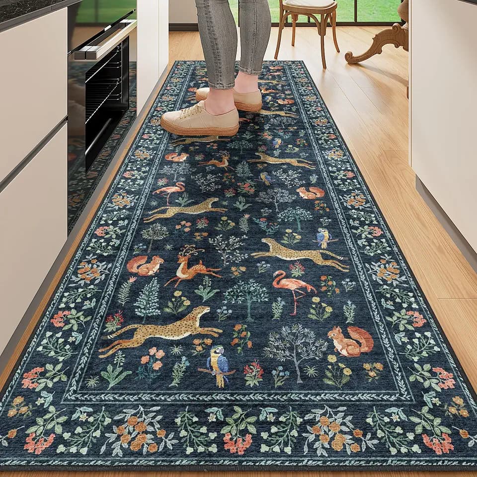 DUKINO 2x10 Kitchen Runner Rug, Soft Non Slip Animal Washable Rug Navy Blue