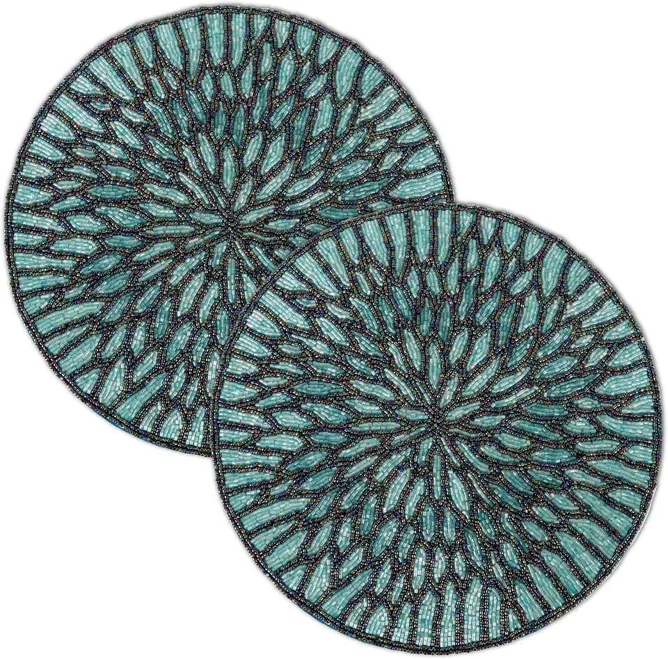 ALPHA Living HOME Beaded Placemats Set of 2, 13 Inch Blue Black Round