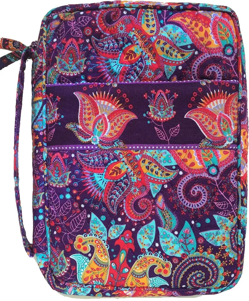 DIWI Bible Cover Quilted Cotton Good Book Case Medium Sizes 8.75 X 6.25 X 2.5 inches Zip Closer Slip Pocket (Purple Garden C1, Medium)