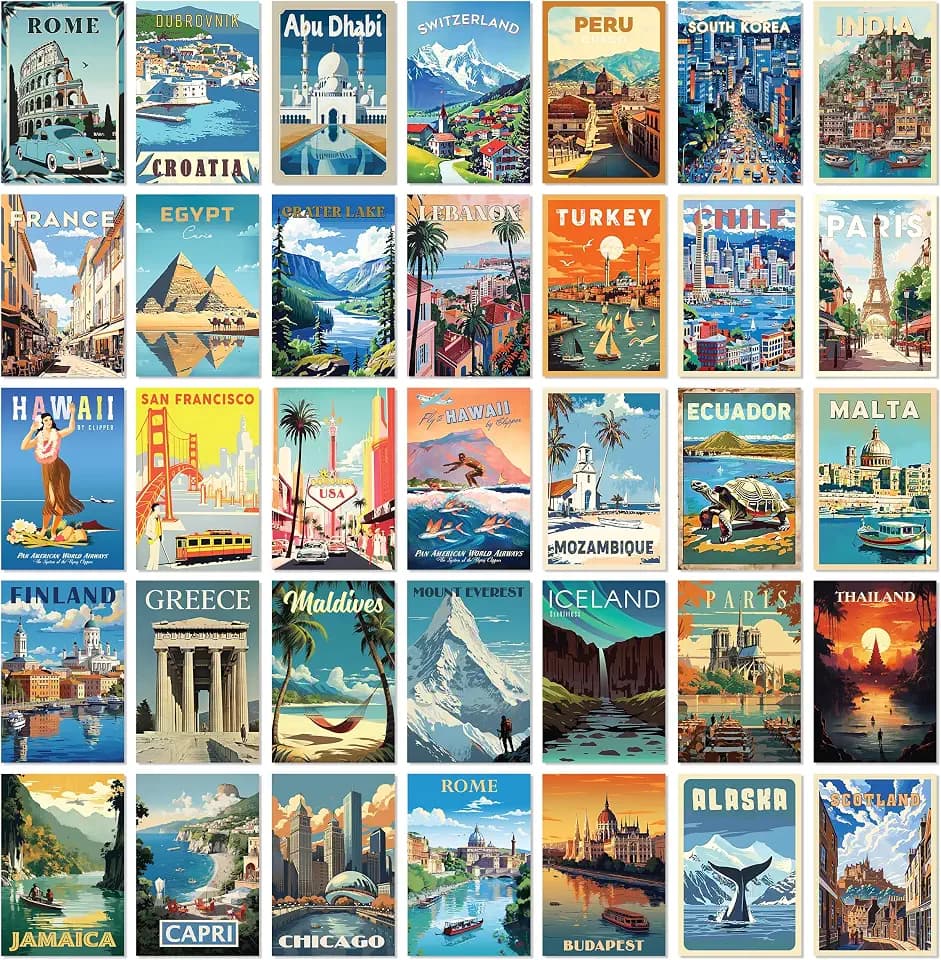 97 Decor Vintage Travel Wall Art, 35 City Postcard Prints, 4x6