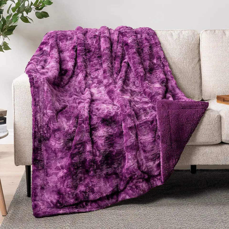 PAVILIA Faux Fur Throw Blanket Tie-Dye Purple, Soft Fuzzy Warm Sherpa Blankets & Throws for Bed, Fluffy Plush Thick Fleece Throw Blanket for Couch Sofa, Reversible Furry Shaggy Blanket, Purple 50x60
