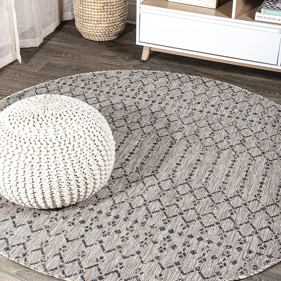 JONATHAN Y Moroccan Geometric Indoor Outdoor Round Area Rug 6 Ft Natural/Black, Ourika Textured Weave for Backyard, Patio, Porch, Easy-Cleaning, High Traffic Pet-Friendly, Non-Shedding SMB108D-6R