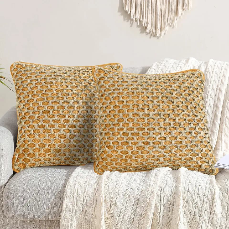 Boho Living Jada Premium Woven Design, Decorative Throw, Living Room Décor, (2) 20" x 20" Pillow Covers, Mustard Yellow 2 Count