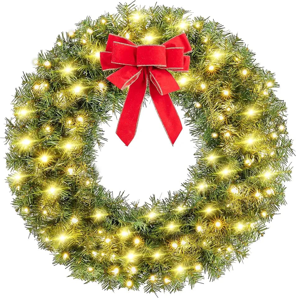 Yaheetech 30in Large Artificial Christmas Wreath, Pre-lit Holiday Accent Decoration with Red Bow, 110 LED Lights & 300 PVC Tips, Metal Structure for Door Wall & Mantel
