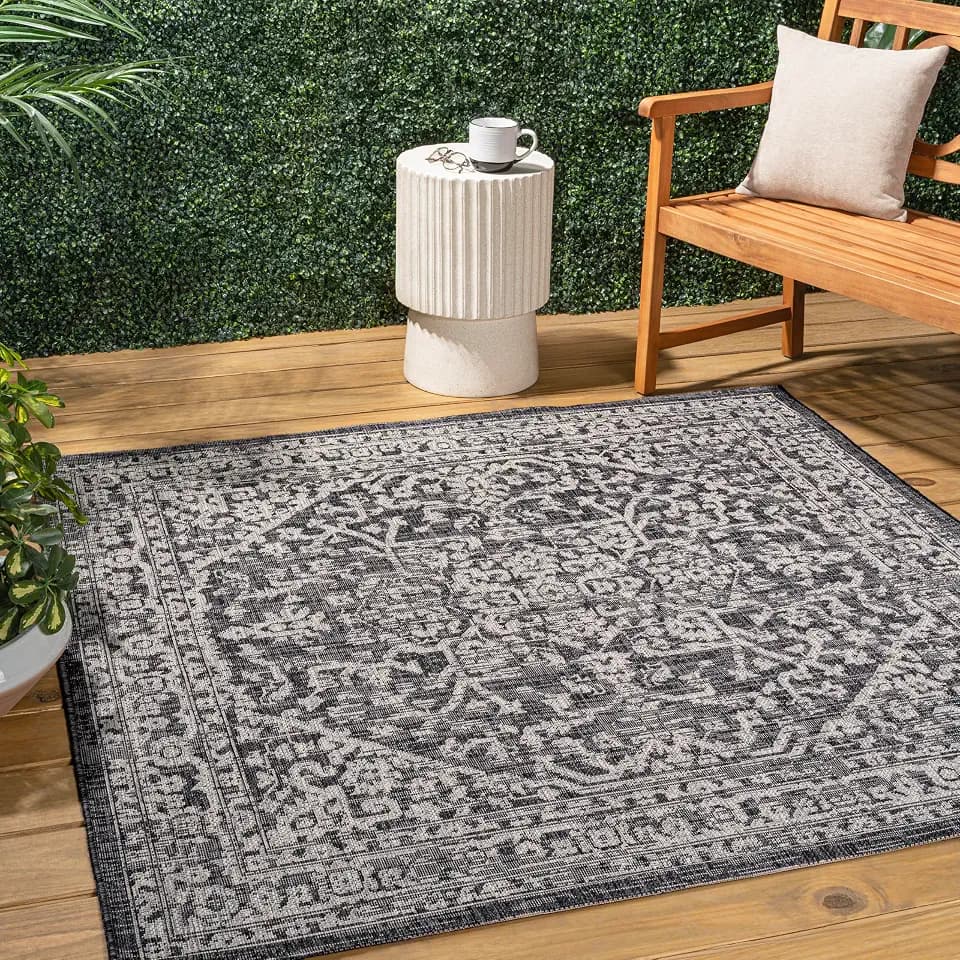 JONATHAN Y Boho Medallion Indoor Outdoor Square Area Rug 5X5 Black/Gray, Malta Textured Weave for Backyard, Patio, Porch, Easy-Cleaning, High Traffic, Pet-Friendly, Non-Shedding (SMB104C-5SQ)