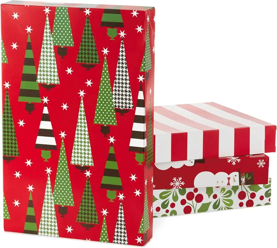 Hallmark Medium Christmas Gift Boxes with Lids (12 Shirt Boxes, 4 Designs: Trees, Stripes, Snowmen, Holly) for Christmas, Holiday Parties, Hostess Gifts